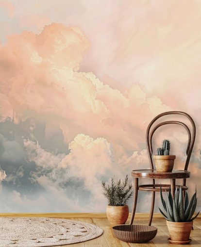 mural de papel pintado con forma de nube de melocotón llamado Abstract Peach Clouds para dormitorios, salas de estar y baños