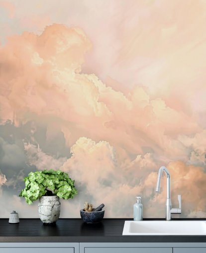 persikomoln tapetväggmålning kallad Abstract Peach Clouds för sovrum, vardagsrum och badrum