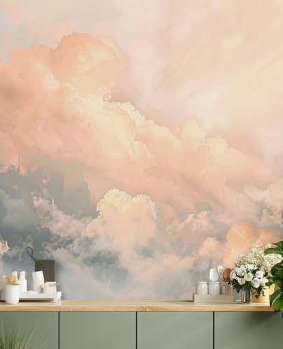 peach cloud behangmuurschildering genaamd Abstract Peach Clouds voor slaapkamers, woonkamers en badkamers