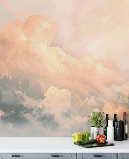 mural de papel pintado con forma de nube de melocotón llamado Abstract Peach Clouds para dormitorios, salas de estar y baños