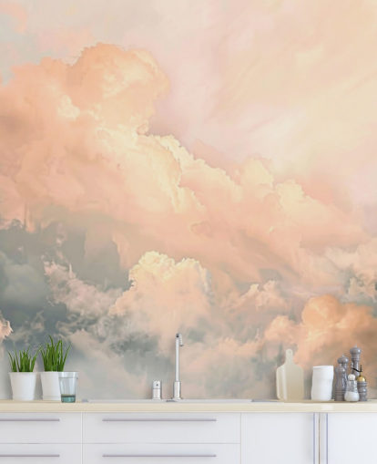 mural de papel pintado con forma de nube de melocotón llamado Abstract Peach Clouds para dormitorios, salas de estar y baños