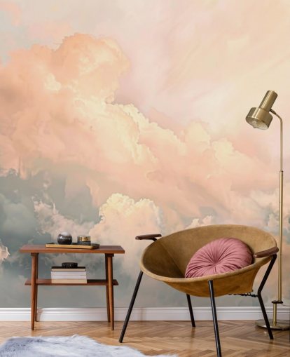 mural de papel pintado con forma de nube de melocotón llamado Abstract Peach Clouds para dormitorios, salas de estar y baños