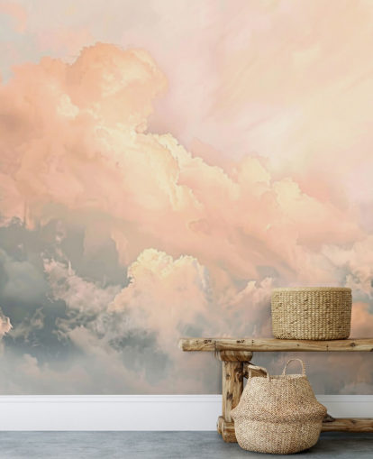 persikomoln tapetväggmålning kallad Abstract Peach Clouds för sovrum, vardagsrum och badrum