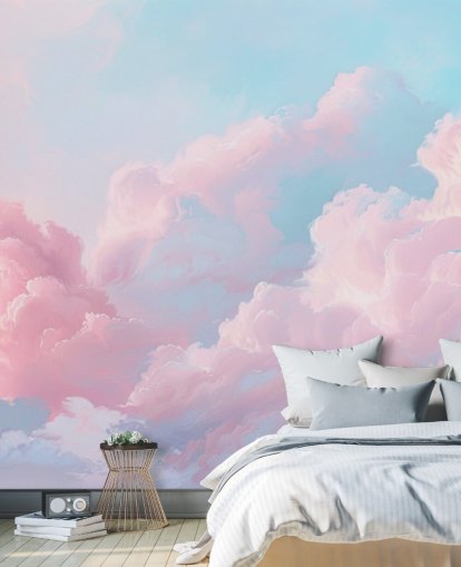 rosa moln tapetväggmålning kallad Abstract Pastel Clouds för sovrum, vardagsrum och badrum