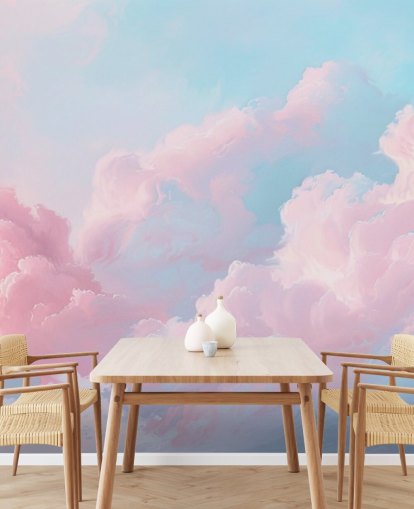 roze wolkenbehangmuurschildering genaamd Abstract Pastel Clouds voor slaapkamers, woonkamers en badkamers