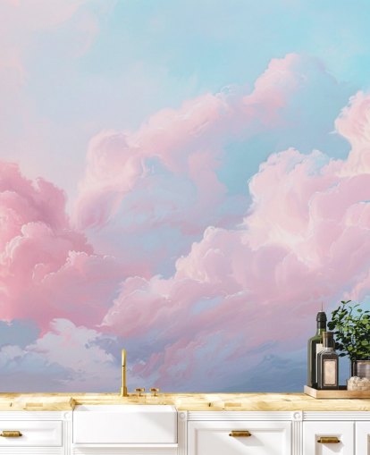 roze wolkenbehangmuurschildering genaamd Abstract Pastel Clouds voor slaapkamers, woonkamers en badkamers roze wolkenbehangmuurschildering genaamd Abstract Pastel Clouds voor slaapkamers, woonkamers en badkamers