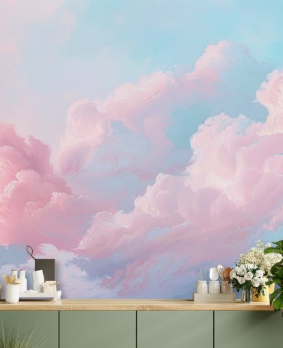 mural de papel pintado de nube rosa llamado Abstract Pastel Clouds para dormitorios, salas de estar y baños