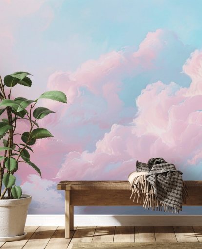 mural de papel pintado de nube rosa llamado Abstract Pastel Clouds para dormitorios, salas de estar y baños