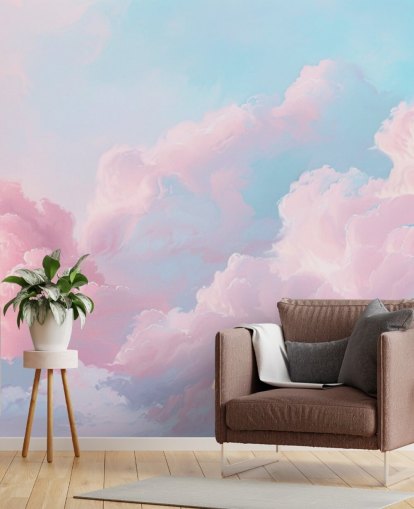 roze wolkenbehangmuurschildering genaamd Abstract Pastel Clouds voor slaapkamers, woonkamers en badkamers