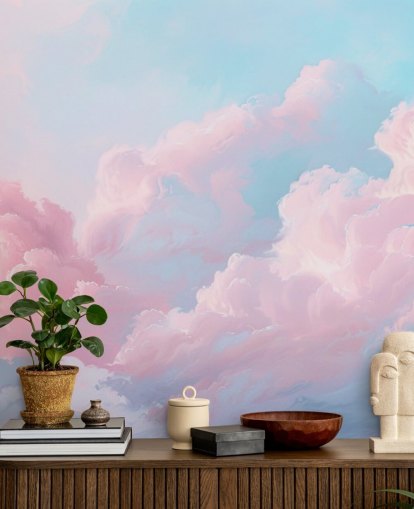 roze wolkenbehangmuurschildering genaamd Abstract Pastel Clouds voor slaapkamers, woonkamers en badkamers