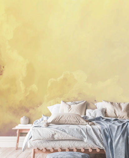carta da parati murale con nuvole gialle chiamata Abstract Pale Yellow Clouds per camere da letto, bagni e salotti