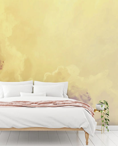 mural de papel pintado de nubes amarillas llamado Nubes abstractas de color amarillo pálido para dormitorios, baños y salas de estar
