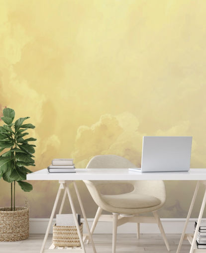behangmuurschildering met gele wolken genaamd Abstract Pale Yellow Clouds voor slaapkamers, badkamers en woonkamers behangmuurschildering met gele wolken genaamd Abstract Pale Yellow Clouds voor slaapkamers, badkamers en woonkamers