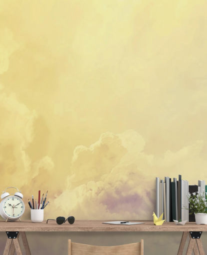 mural de papel pintado de nubes amarillas llamado Nubes abstractas de color amarillo pálido para dormitorios, baños y salas de estar