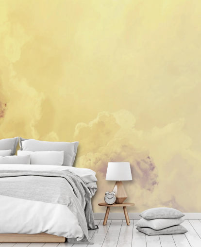behangmuurschildering met gele wolken genaamd Abstract Pale Yellow Clouds voor slaapkamers, badkamers en woonkamers behangmuurschildering met gele wolken genaamd Abstract Pale Yellow Clouds voor slaapkamers, badkamers en woonkamers