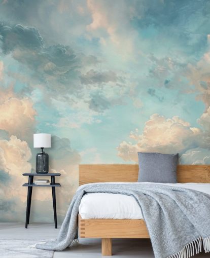 carta da parati murale con nuvole blu chiamata Abstract Sky Blue Clouds per camere da letto, bagni e salotti
