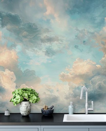 mural de papel pintado de nubes azules llamado Abstract Sky Blue Clouds para dormitorios, baños y salas de estar