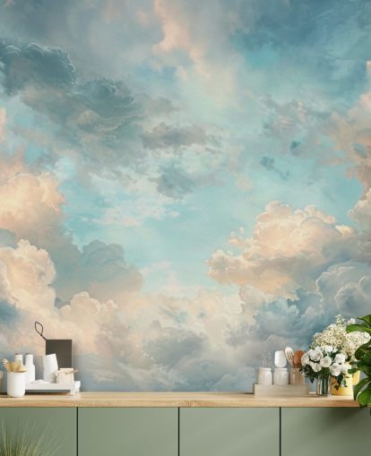 carta da parati murale con nuvole blu chiamata Abstract Sky Blue Clouds per camere da letto, bagni e salotti