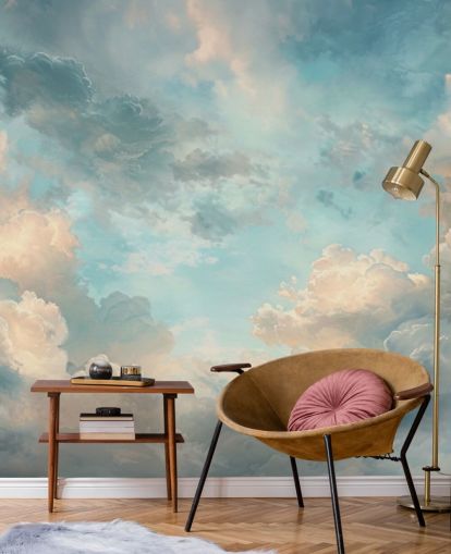 carta da parati murale con nuvole blu chiamata Abstract Sky Blue Clouds per camere da letto, bagni e salotti