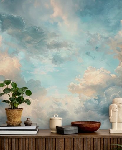 blauwe wolk behangmuurschildering genaamd Abstract Sky Blue Clouds voor slaapkamers, badkamers en woonkamers
