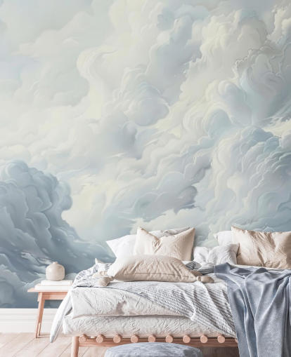 grijze en witte abstracte wolken behangmuurschildering voor slaapkamers, badkamers en woonkamers
