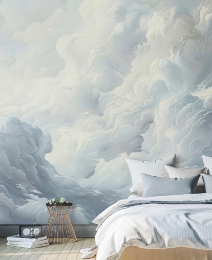 grijze en witte abstracte wolken behangmuurschildering voor slaapkamers, badkamers en woonkamers