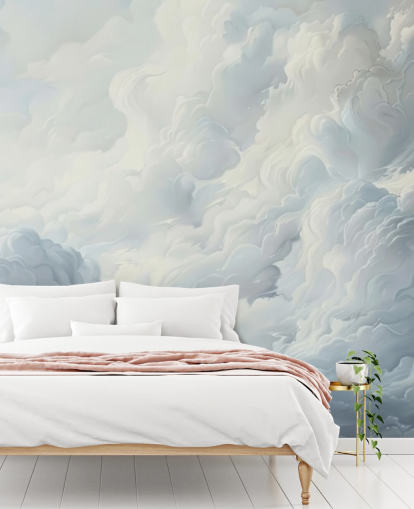 gray and white abstract clouds wallpaper mural for bedrooms, bathrooms and living rooms