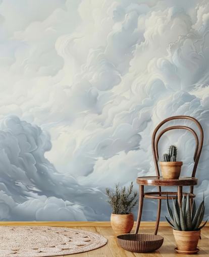 papier peint mural de nuages abstraits gris et blancs pour chambres à coucher, salles de bain et salons