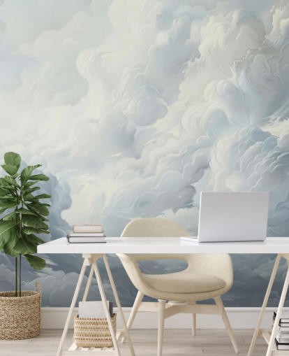 grey and white abstract clouds wallpaper mural for bedrooms, bathrooms and living rooms