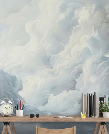 grijze en witte abstracte wolken behangmuurschildering voor slaapkamers, badkamers en woonkamers