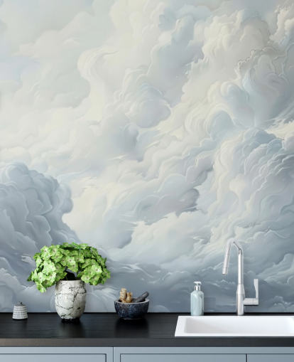 grijze en witte abstracte wolken behangmuurschildering voor slaapkamers, badkamers en woonkamers
