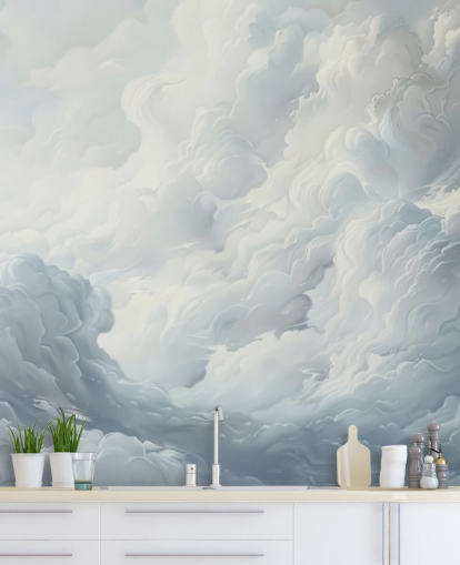 mural de papel de parede de nuvens abstratas cinza e branco para quartos, banheiros e salas de estar