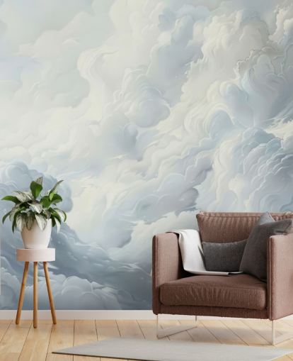 gray and white abstract clouds wallpaper mural for bedrooms, bathrooms and living rooms