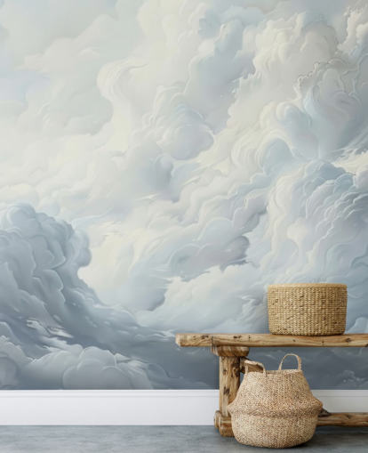 gray and white abstract clouds wallpaper mural for bedrooms, bathrooms and living rooms