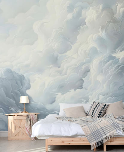 grijze en witte abstracte wolken behangmuurschildering voor slaapkamers, badkamers en woonkamers