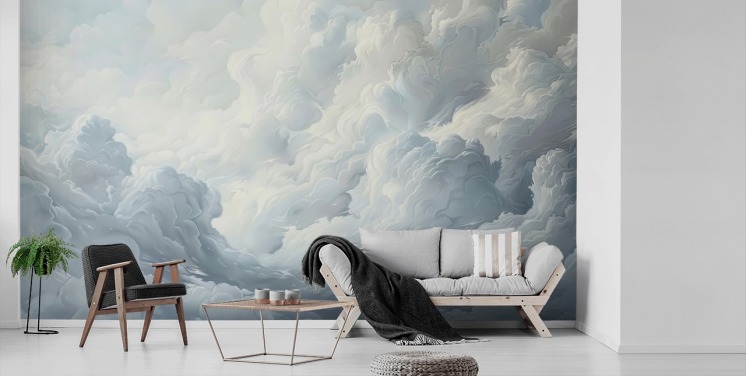 grey and white abstract clouds wallpaper mural for bedrooms, bathrooms and living rooms