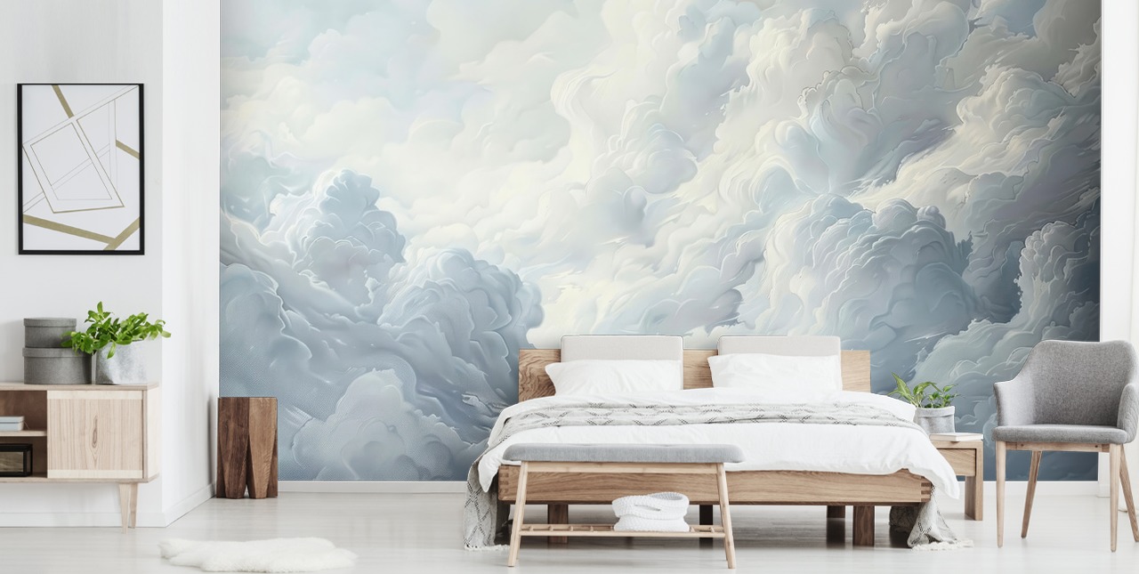 papier peint mural de nuages abstraits gris et blancs pour chambres à coucher, salles de bain et salons