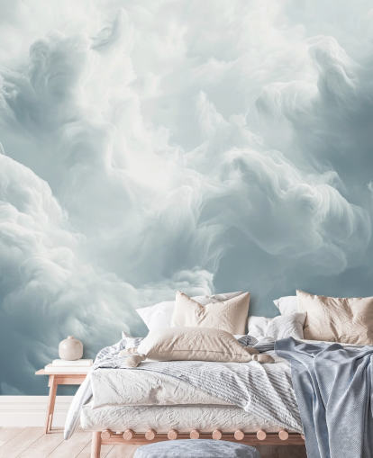 mural de papel pintado de nubes blancas llamado Abstract Gentle Clouds para dormitorios, baños y salas de estar