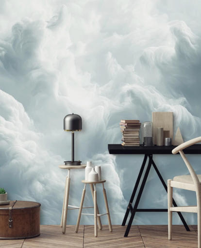 witte wolkenbehangmuurschildering genaamd Abstract Gentle Clouds voor slaapkamers, badkamers en woonkamers