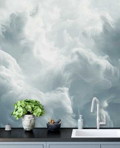 mural de papel pintado de nubes blancas llamado Abstract Gentle Clouds para dormitorios, baños y salas de estar