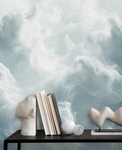 witte wolkenbehangmuurschildering genaamd Abstract Gentle Clouds voor slaapkamers, badkamers en woonkamers