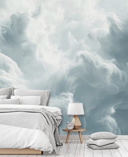vit moln tapetväggmålning kallad Abstract Gentle Clouds för sovrum, badrum och vardagsrum