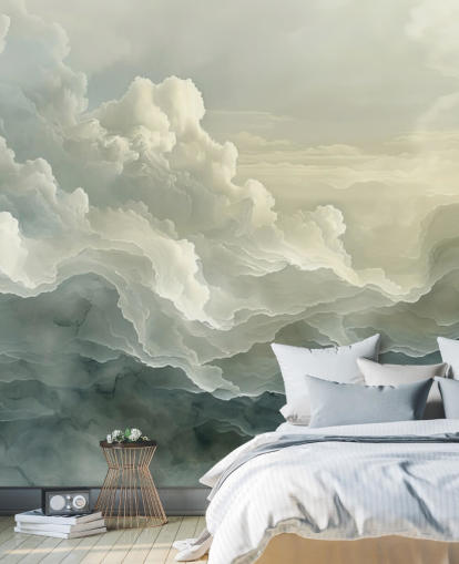vit och svart moln tapet väggmålning kallad Abstract Layered Clouds för sovrum, badrum och kök