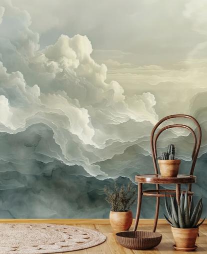 hvid og sort sky tapet vægmaleri kaldet Abstract Layered Clouds til soveværelser, badeværelser og køkkener