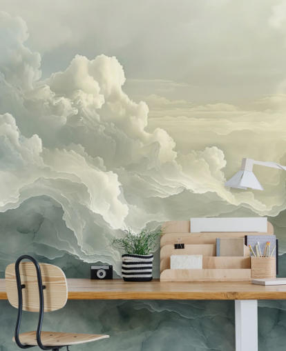 mural de papel de parede de nuvem branca e preta chamado Abstract Layered Clouds para quartos, banheiros e cozinhas