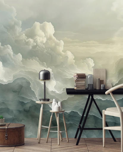 white and black cloud wallpaper mural called Abstract Layered Clouds for bedrooms, bathrooms and kitchens