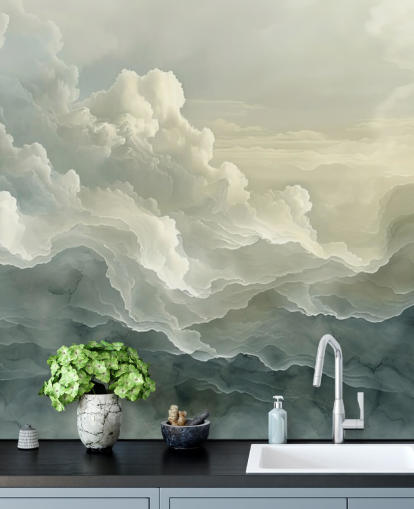 witte en zwarte wolkenbehangmuurschildering genaamd Abstract Layered Clouds voor slaapkamers, badkamers en keukens witte en zwarte wolkenbehangmuurschildering genaamd Abstract Layered Clouds voor slaapkamers, badkamers en keukens