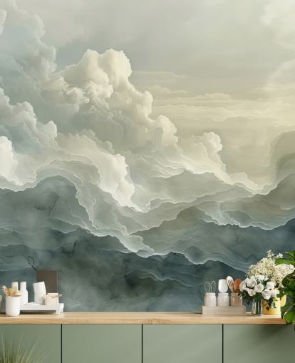white and black cloud wallpaper mural called Abstract Layered Clouds for bedrooms, bathrooms and kitchens