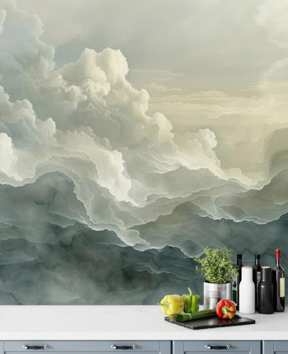 weiße und schwarze Wolkentapete namens Abstract Layered Clouds für Schlafzimmer, Badezimmer und Küchen