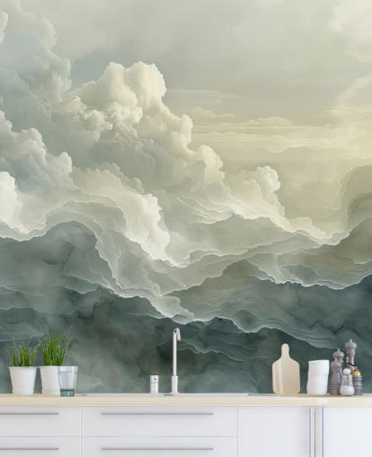 carta da parati murale con nuvole bianche e nere chiamata Abstract Layered Clouds per camere da letto, bagni e cucine